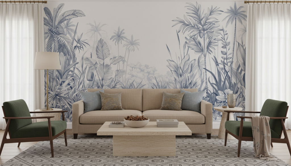Paysage tropical vintage en gravure monochrome bleue et grise - Salon / Séjour