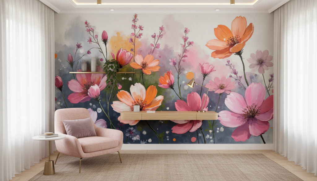 Papier peint aquarelle cosmos roses oranges violets romantique - Bureau