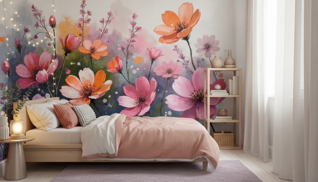 Papier peint aquarelle cosmos roses oranges violets romantique - Chambre ado