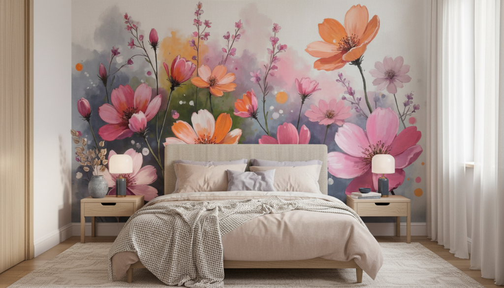 Papier peint aquarelle cosmos roses oranges violets romantique - Chambre adulte