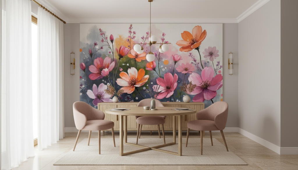 Papier peint aquarelle cosmos roses oranges violets romantique - Salle à manger