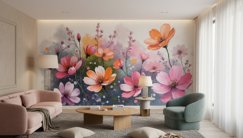 Papier peint aquarelle cosmos roses oranges violets romantique - Salon / Séjour