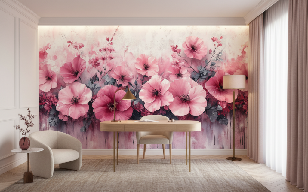 Papier Peint Fleurs Rose Aquarelle Style Romantique et Délicat - Bureau