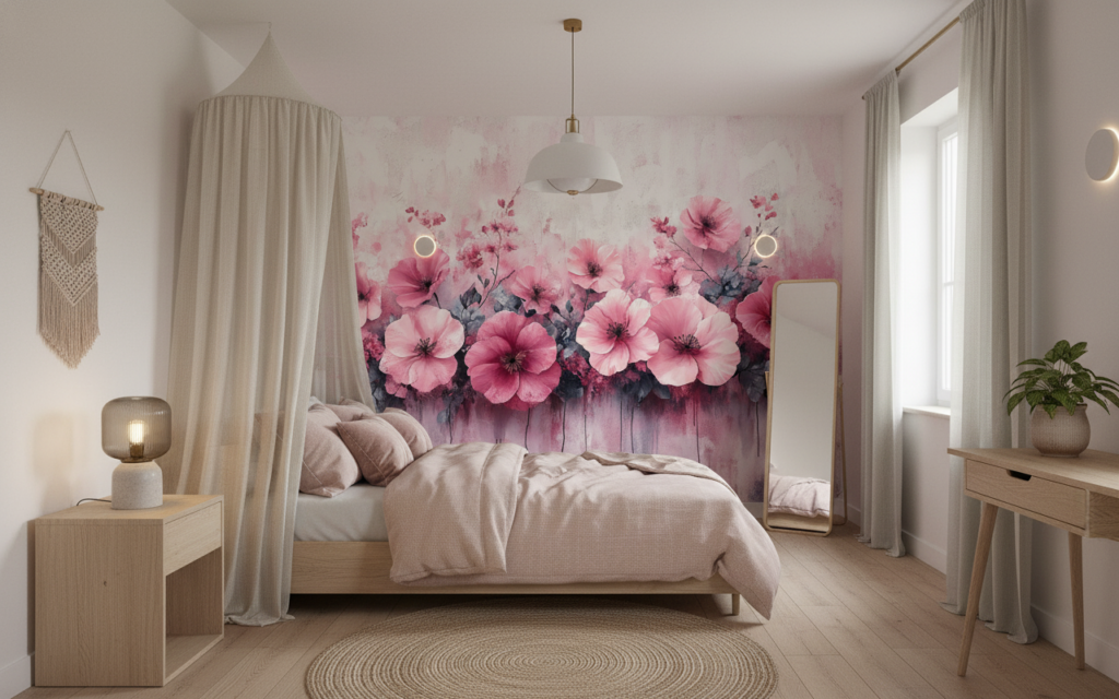 Papier Peint Fleurs Rose Aquarelle Style Romantique et Délicat - Chambre ado