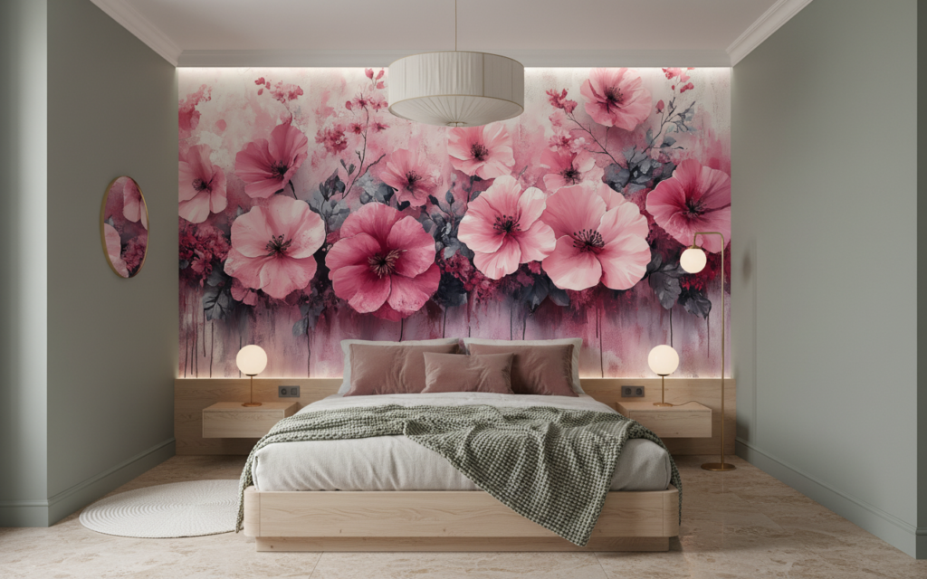 Papier Peint Fleurs Rose Aquarelle Style Romantique et Délicat - Chambre adulte