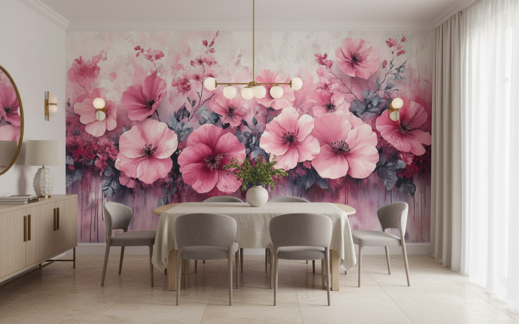 Papier Peint Fleurs Rose Aquarelle Style Romantique et Délicat - Salle à manger