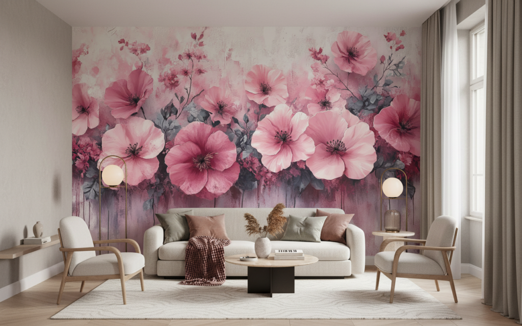 Papier Peint Fleurs Rose Aquarelle Style Romantique et Délicat - Salon / Séjour