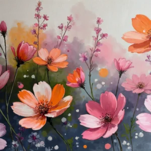 Papier peint aquarelle cosmos roses oranges violets romantique
