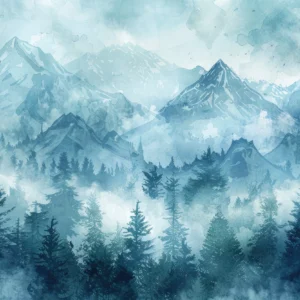 Papier Peint Paysage Montagneux Aquarelle Tons Bleus Apaisants