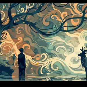 Papier Peint Forêt Mystique avec Cerf et Silhouette Humaine