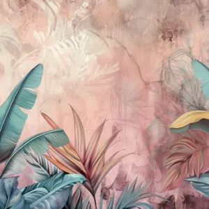 Papier Peint Tropical Pastel Feuillage Exotique Rose Turquoise