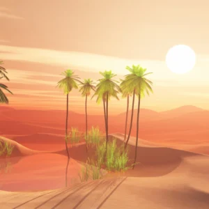 Papier Peint Oasis du Désert avec Palmiers au Coucher de Soleil