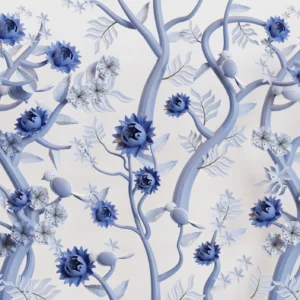 Papier peint floral bleu vintage aux motifs délicats serpentins