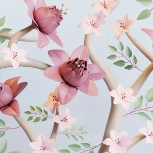 Papier peint floral moderne avec roses roses et feuillage vert délicat