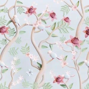 Papier peint floral lianes roses et blanches sur fond gris