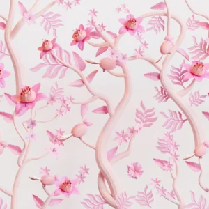 Papier peint floral rose avec branches délicates et orchidées romantiques