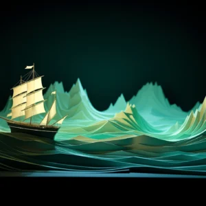 Papier Peint Bateau Voilier sur Vagues Abstraites Vertes Luminescentes