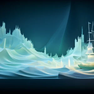 Papier peint navire polaire icebergs bleus aventure arctique stylisé