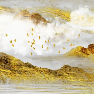 Papier peint paysage montagneux doré avec oiseaux en vol