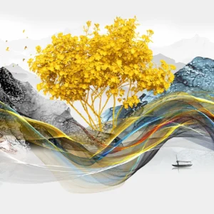 Paysage artistique abstrait aux courbes fluides et arbre doré