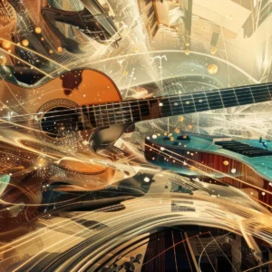 Papier Peint Guitares Artistiques Effet Lumière Dorée et Turquoise