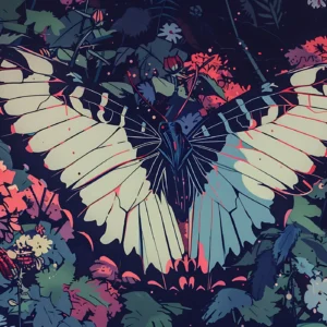 Papier peint jungle tropicale papillon exotique corail et bleu nuit