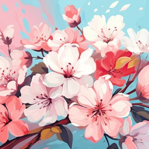 Papier peint floral cerisiers en fleurs rose et bleu