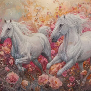 Papier Peint Chevaux Blancs Galopant dans Jardin Fleuri Rose