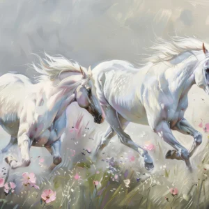 Chevaux blancs galopant dans un champ de fleurs roses délicates