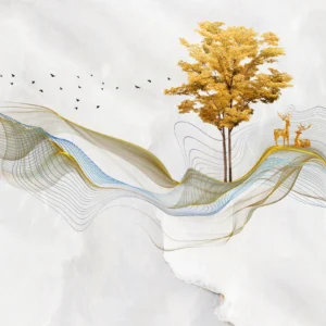 Papier Peint Paysage Abstrait Doré avec Arbre et Cerfs Stylisés