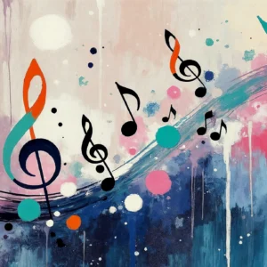 Papier peint musical abstrait aux notes colorées et ondulations artistiques