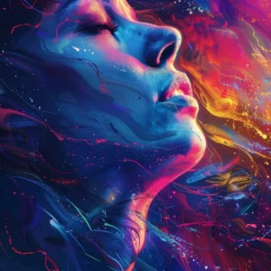 Papier peint artistique visage cosmique aux couleurs vibrantes galactiques