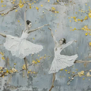 Papier peint ballerines élégantes branches dorées fond texturé gris bleu