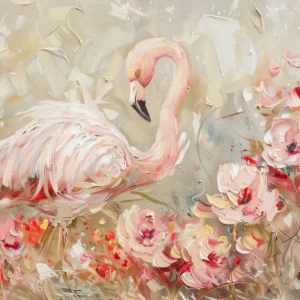 Papier Peint Flamant Rose Élégant avec Fleurs Peintes à l'Huile