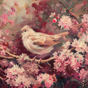 Papier Peint Oiseau Doré sur Branches Fleuries Rose Romantique