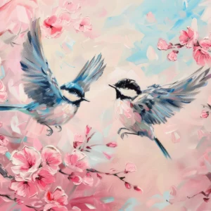 Papier Peint Romantique Oiseaux Bleus et Fleurs de Cerisier Rose
