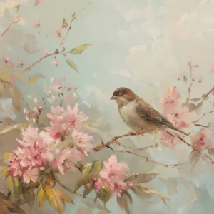 Papier peint romantique avec oiseau et fleurs de cerisier roses