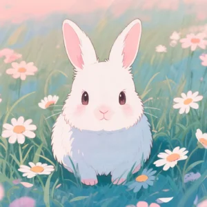 Lapin mignon dans un jardin fleuri aux couleurs pastel douces