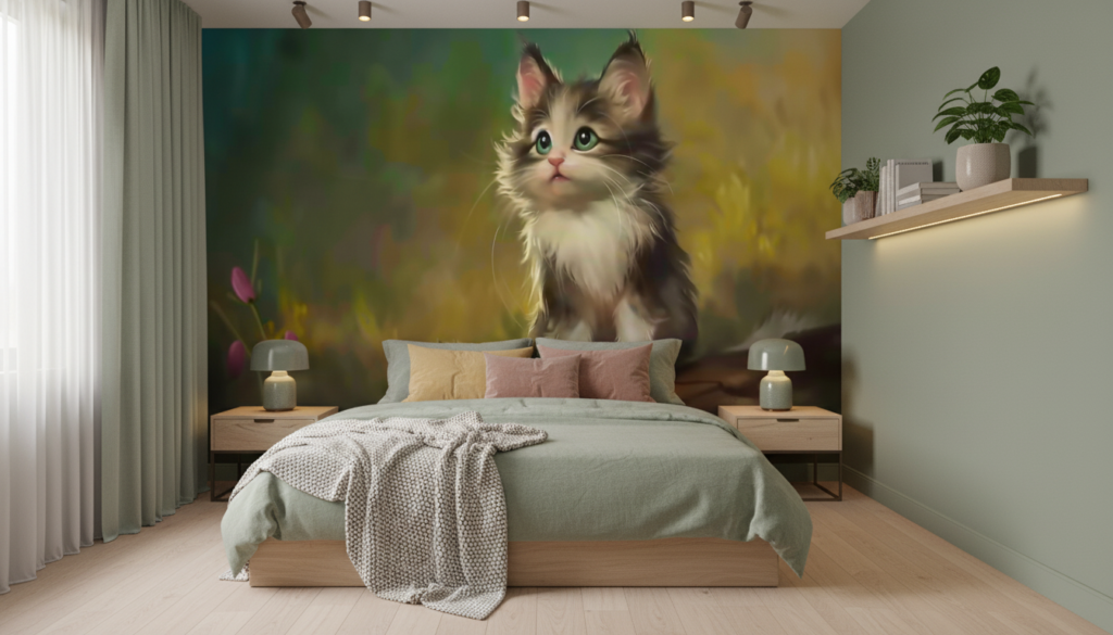 Adorable chaton aux yeux verts dans jardin fleuri coloré - Chambre ado