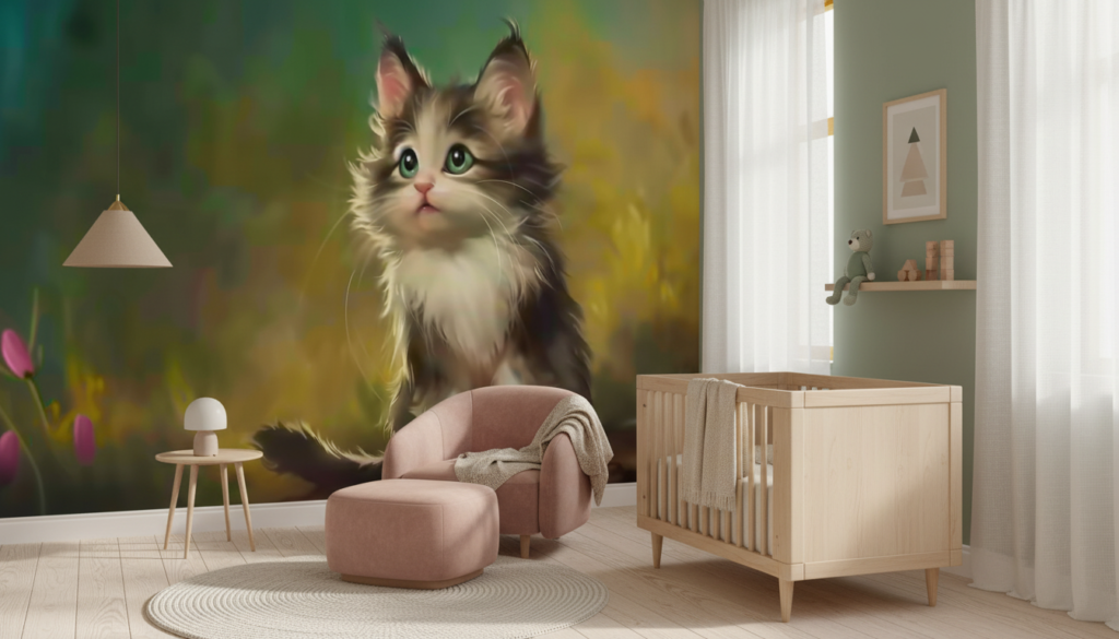 Adorable chaton aux yeux verts dans jardin fleuri coloré - Chambre bébé