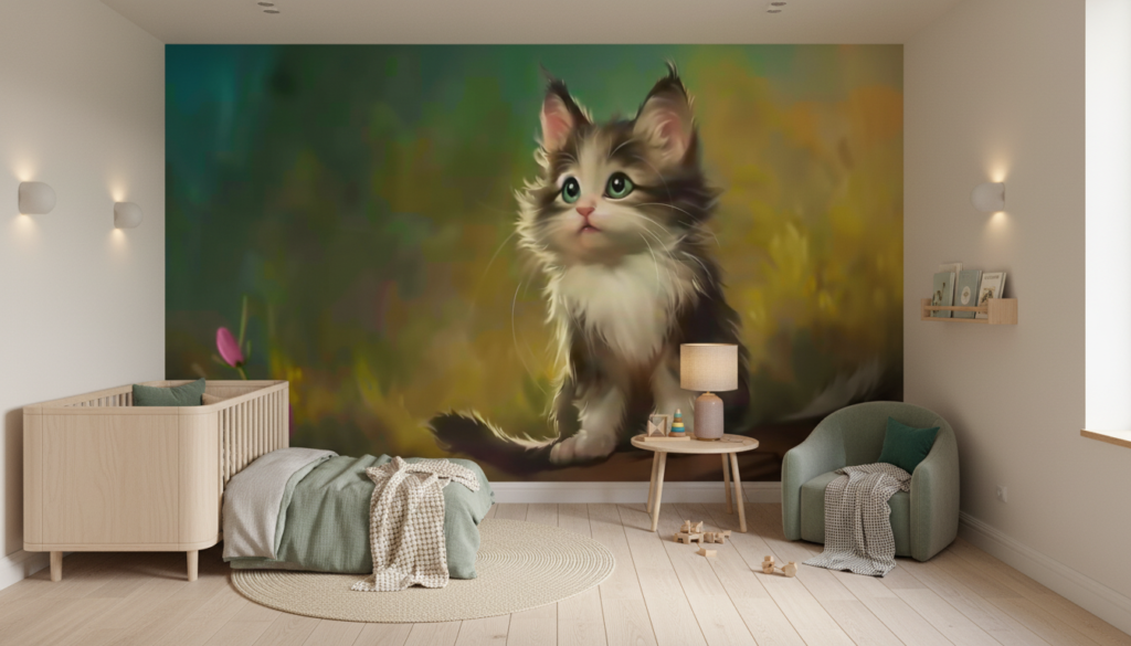 Adorable chaton aux yeux verts dans jardin fleuri coloré - Chambre enfant