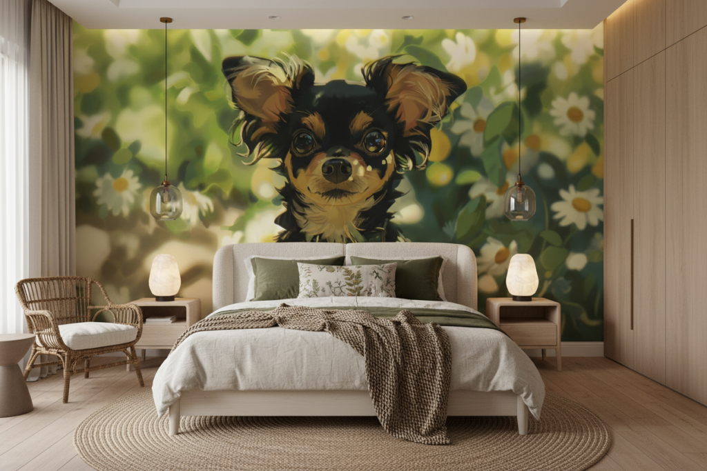 Adorable Chiot Yorkshire Terrier dans Jardin Fleuri Lumineux - Chambre adulte