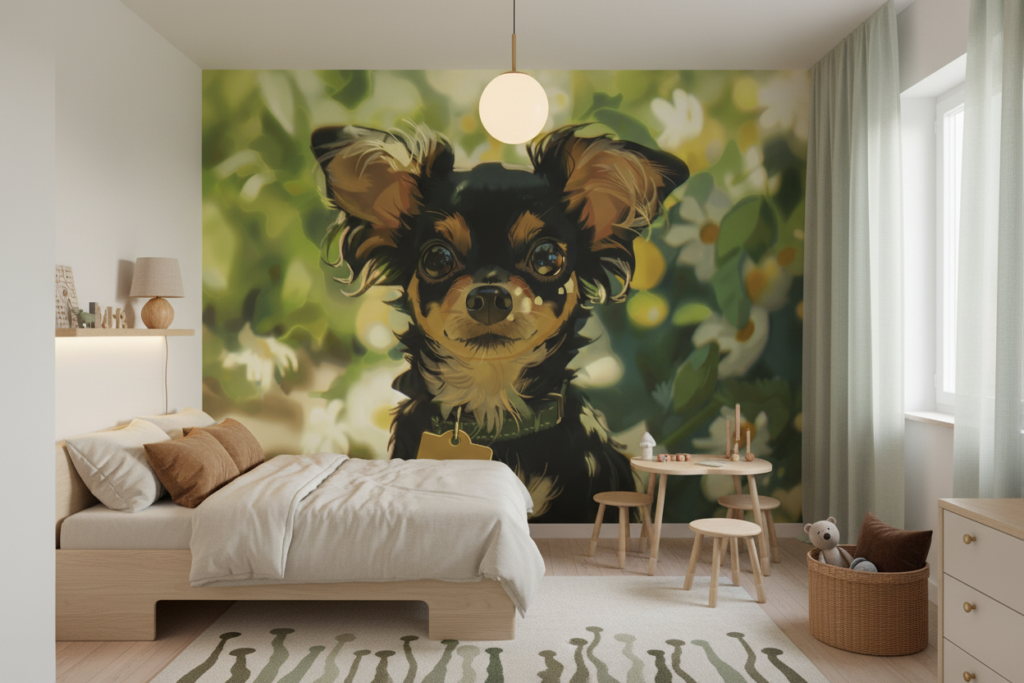 Adorable Chiot Yorkshire Terrier dans Jardin Fleuri Lumineux - Chambre enfant