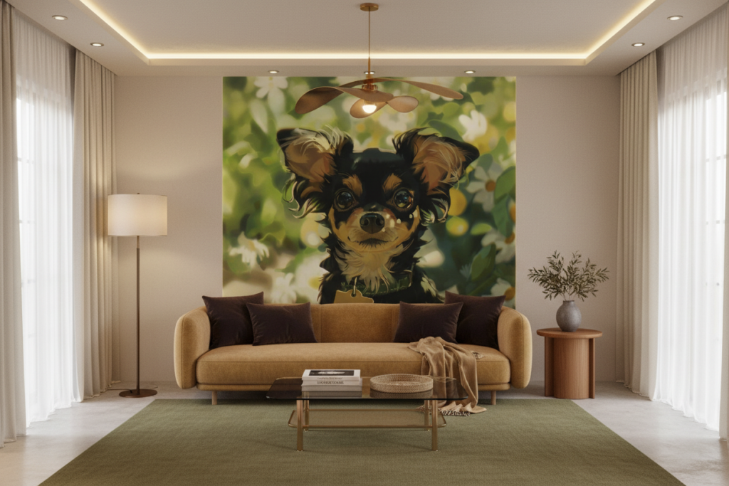 Adorable Chiot Yorkshire Terrier dans Jardin Fleuri Lumineux - Salon / Séjour