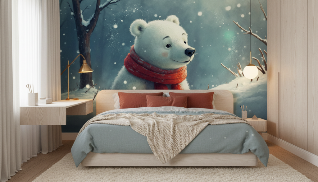 Adorable ourson polaire dans la neige avec écharpe rouge - Chambre ado