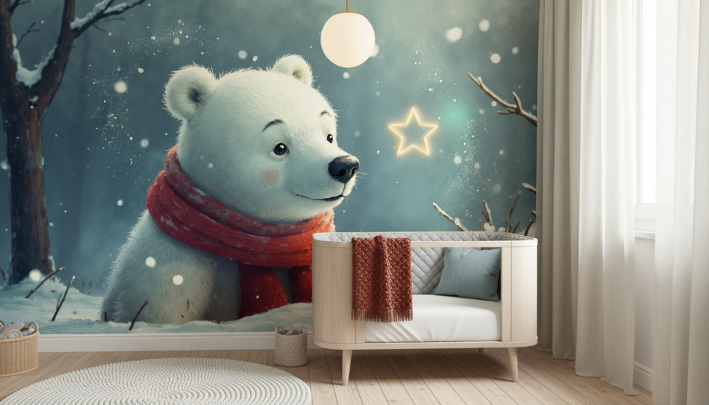 Adorable ourson polaire dans la neige avec écharpe rouge - Chambre bébé