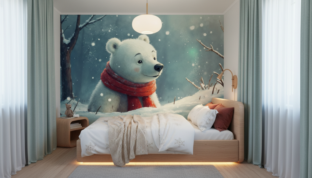 Adorable ourson polaire dans la neige avec écharpe rouge - Chambre enfant