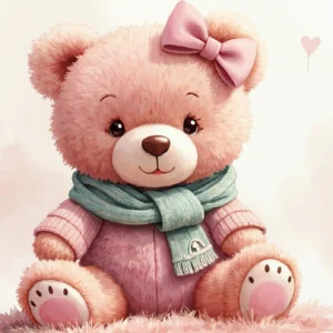 Papier Peint Ourson Rose Adorable avec Ballons Cœurs et Nœud