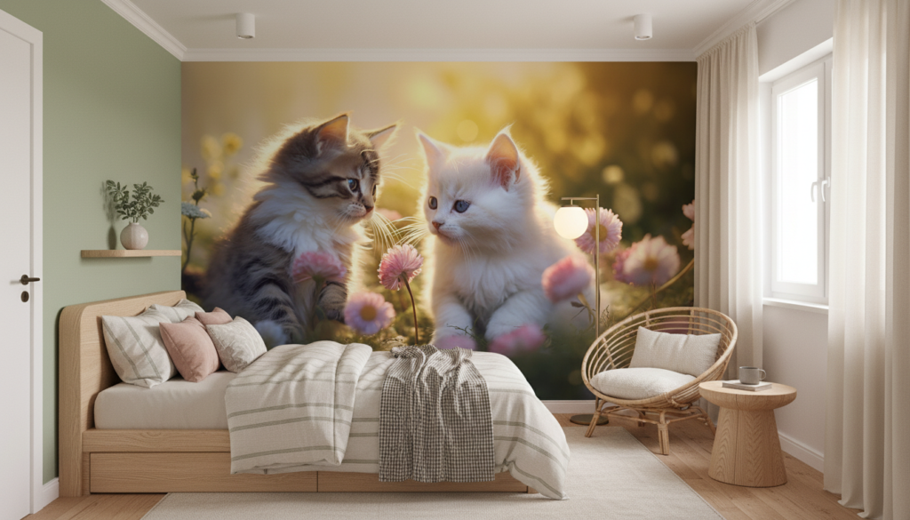 Adorables chatons dans un champ de marguerites au coucher du soleil - Chambre ado