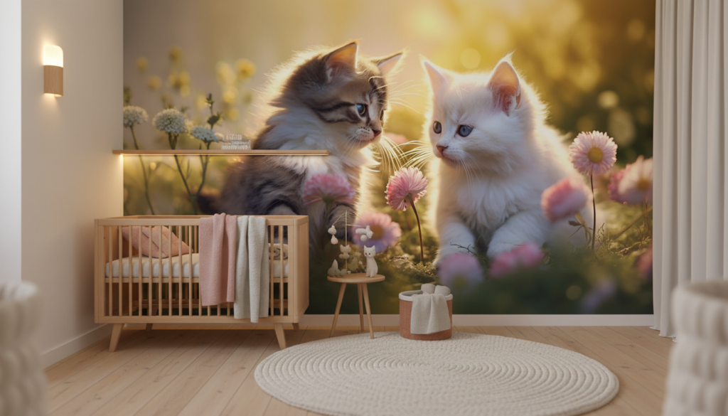 Adorables chatons dans un champ de marguerites au coucher du soleil - Chambre bébé